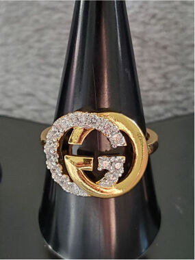 💛 Gold‑Tone Adjustable Ring w/ Clear Crystal‑Like Stones | Size 8+